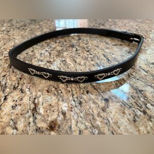 Black leather belt with metal heart and rhinestone accents